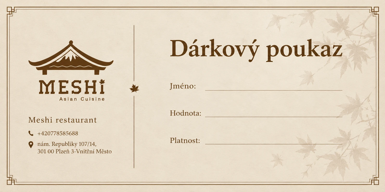 Dárkový poukaz MESHi: jméno, hodnota a platnost